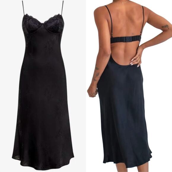 Rumored Negroni Midi Dress Black Satin MEDIUM Timeless Sophisticated NEW - Picture 1 of 11